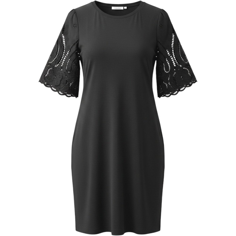Chico's‎ Black Eyelet Lace Sleeve Stretch Relaxed Dress Cotton Knit Short M 8